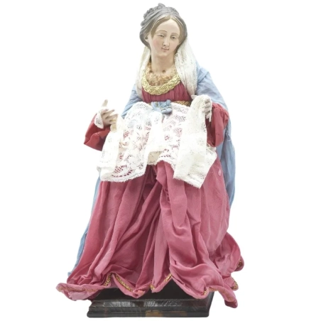Madonna antica con occhi di vetro e vestiti in stoffa san leucio 35 cm