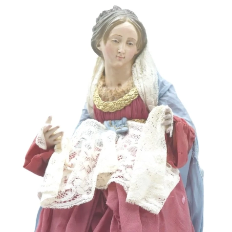 Madonna antica con occhi di vetro e vestiti in stoffa san leucio 35 cm 2