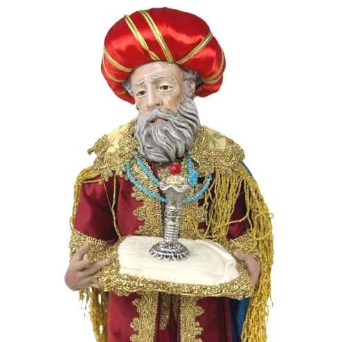Tris di Re Magi con arti in legno occhi in vetro e vestiti in stoffa 35 cm