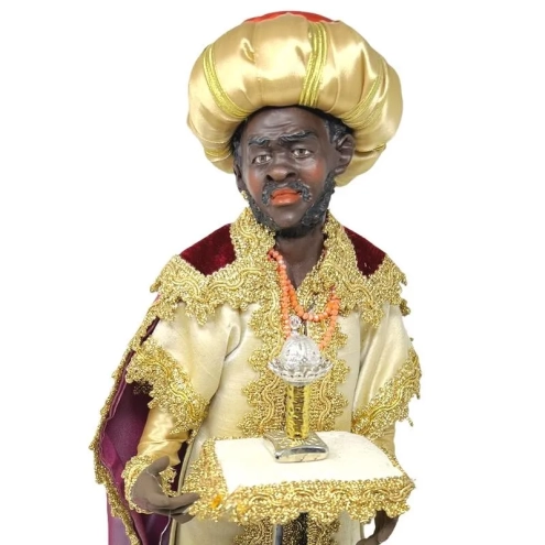 Tris di Re Magi con arti in legno occhi in vetro e vestiti in stoffa 35 cm