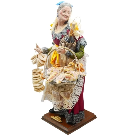 Donna Carmela con occhi in vetro e vestiti in stoffa san leucio 35 cm