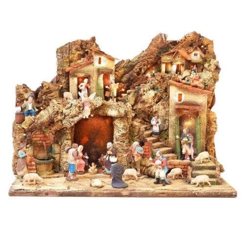 Presepe napoletano completo di pastori, luci e fontana 60 cm