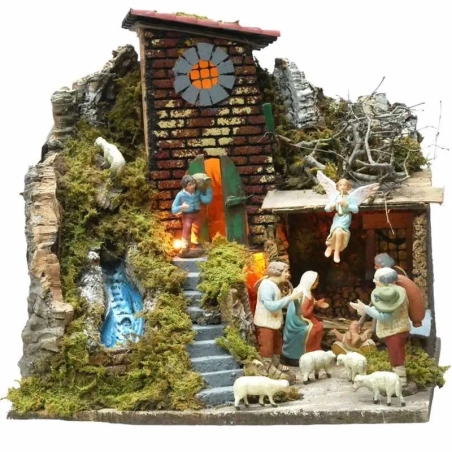 Presepe da 30 cm con luci, cascata e pastori