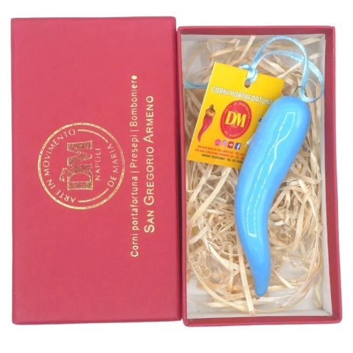 Corno azzurro in ceramica 9 cm con scatola regalo