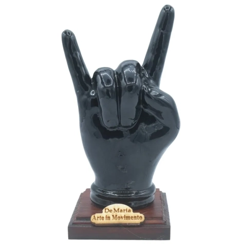 Corna mano nera su base in legno 16 cm