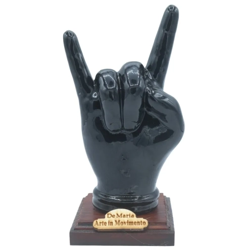 Corna mano nera su base in legno 16 cm