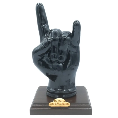 Corna mano nera su base in legno 21 cm
