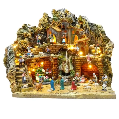 Presepe napoletano da 30 cm con luci, cascata e pastori