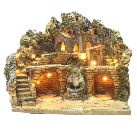 Presepe napoletano da 32 cm con luci e cascata
