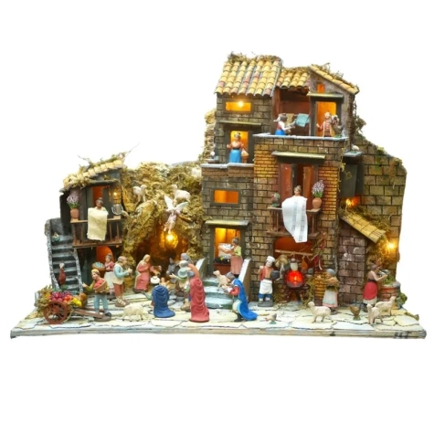 Presepe completo di pastori, luci, fontana e forno da 60 cm