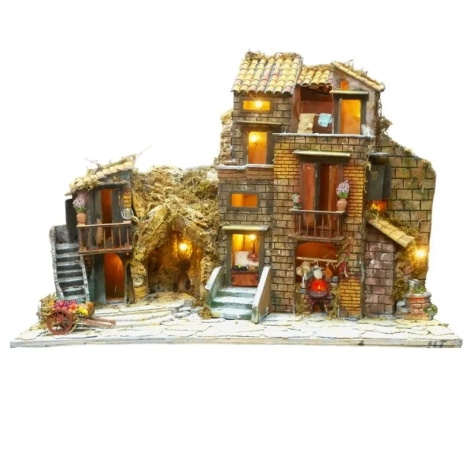Presepe completo di pastori, luci, fontana e forno da 60 cm 2