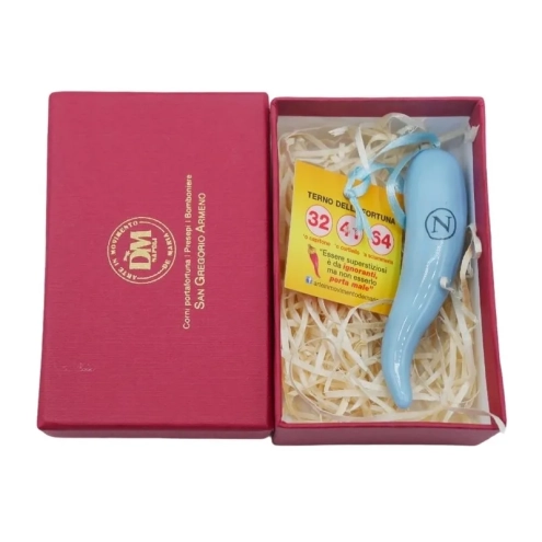 Corno in ceramica azzurro del Napoli 6 cm con scatola regalo