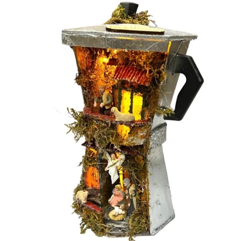 Presepe in caffettiera Moka con pastori e luci 25 cm 2
