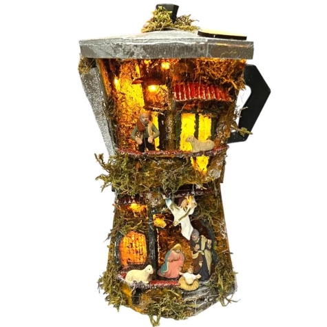 Presepe in caffettiera Moka con pastori e luci 25 cm