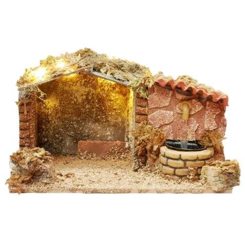 Capanna presepe in sughero con luce  e fontana 15 cm