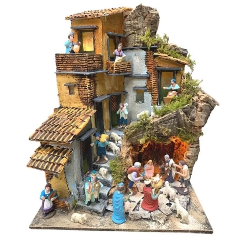 Presepe in sughero completo di pastori e luci 26 cm