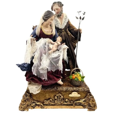 Natività stile 700 con arti in legno, occhi in vetro e vestiti San Leucio 35 cm