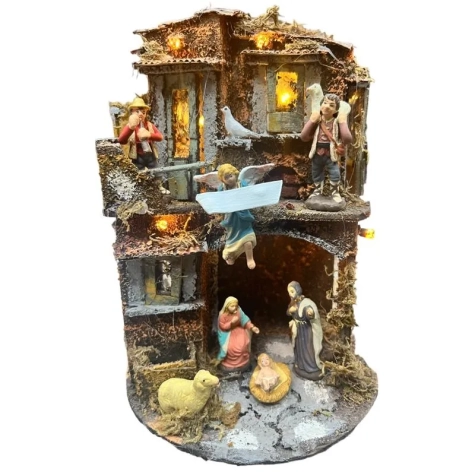Presepe in sughero con pastori e luci 27 cm