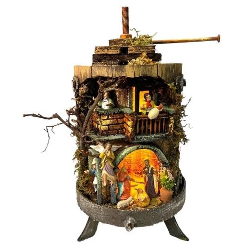 Presepe nel torchio del vino con pastori e luci 38 cm