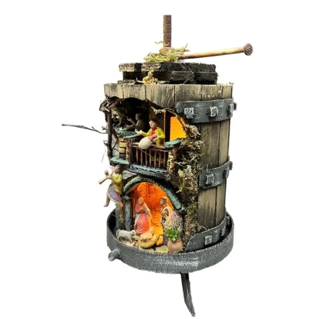 Presepe nel torchio del vino con pastori e luci 38 cm