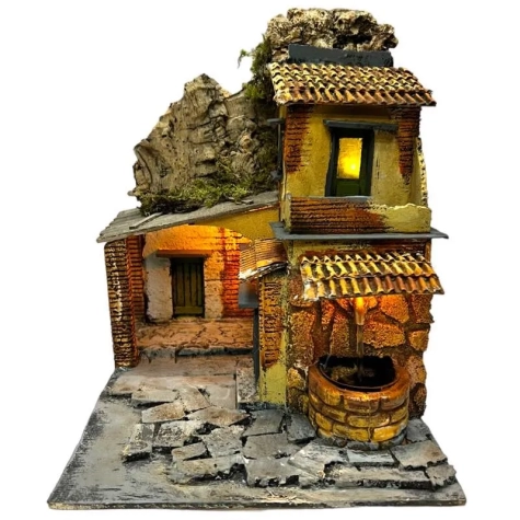 Presepe con luci, pastori e fontana in terracotta 27 cm 2