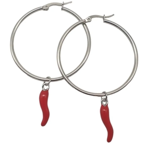 Coppia di orecchini con corno portafortuna rosso 4 cm 2