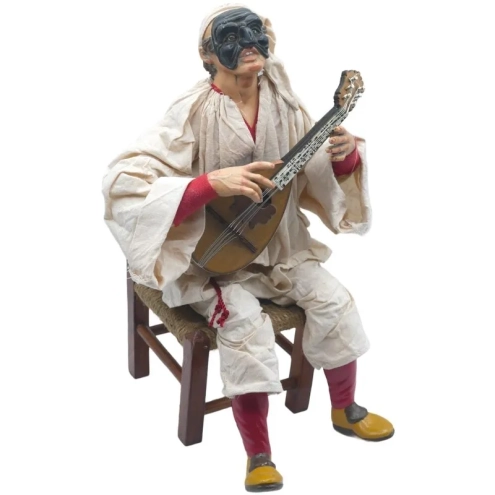Pulcinella stile 700 con mandolino seduto su sedia 40 cm