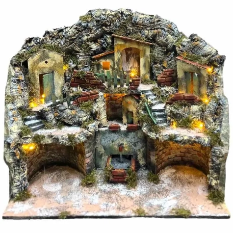 Presepe in sughero con fontana e luci 50 cm