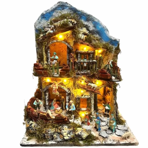 Presepe Tempio stile 700 completo di pastori e luci 30 cm