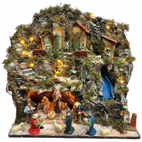 Presepe in sughero con cascata, luci e pastori 40 m