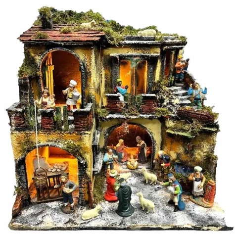 Presepe borgo con fontana e luci 40 cm