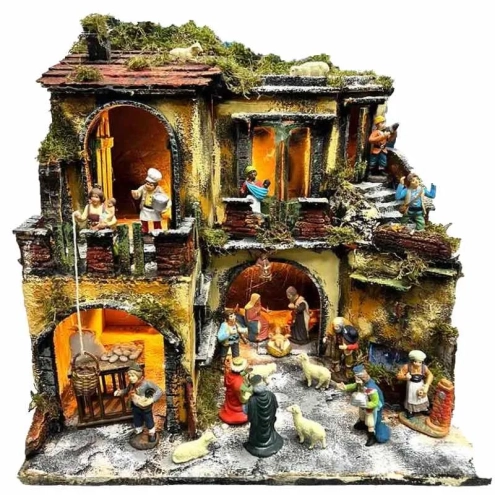 Presepe borgo con fontana e luci 40 cm
