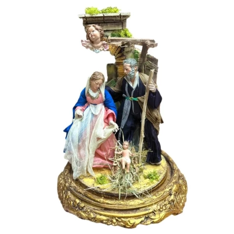 Campana con natività vestita in stoffa San Leucio stile 700 da 55 cm 2