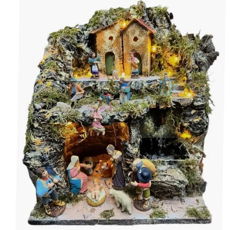 Presepe in sughero con fontana luci e pastori 35 cm