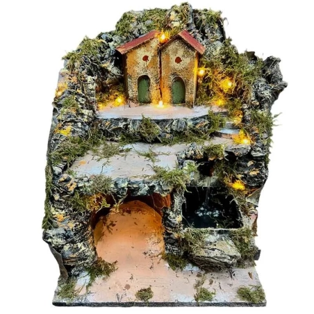 Presepe in sughero con fontana luci e pastori 35 cm