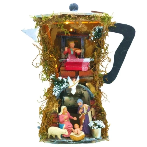 Presepe in caffettiera Moka con pastori e luci 30 cm