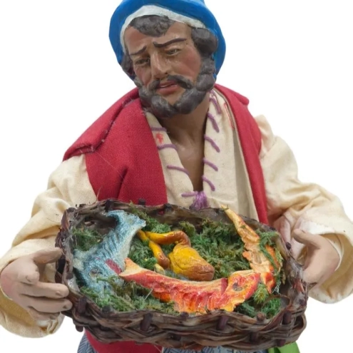 Pescivendolo con occhi in vetro e vestiti in stoffa san leucio 25 cm