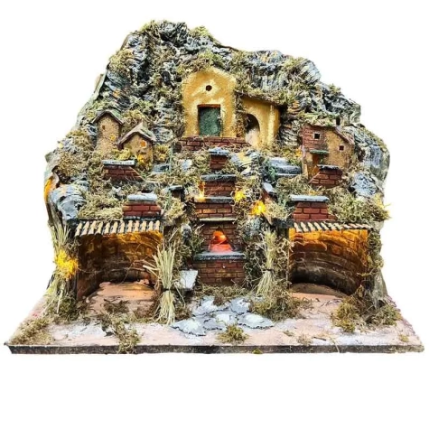 Presepe in sughero con Mulino e luci 45 cm