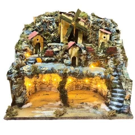 Presepe in sughero con Mulino e luci 40 cm