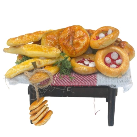 Tavolo con pane e pizza in cera per pastori da 7 a 10 cm