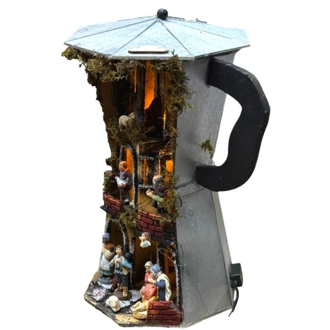 Presepe in caffettiera Moka con pastori e luci 40 cm 2