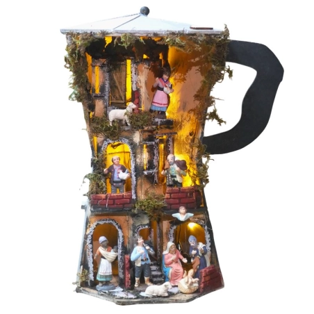 Presepe in caffettiera Moka con pastori e luci 40 cm