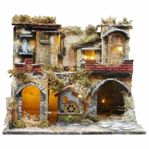 Presepe completo di pastori, Mulino ad acqua e luci 35 cm 2