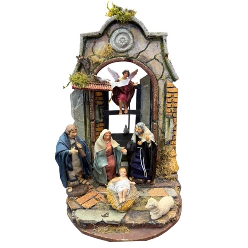 Natività con vestiti in seta san leucio 10 cm | Presepi napoletani