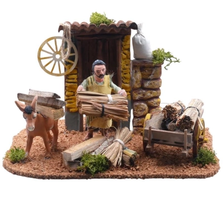 Uomo e asino che trasporta la paglia in movimento | Pastore per presepe | Arte in movimento DeMaria