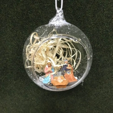 Pallina di Natale in vetro soffiato con presepe napoletano all'interno 8 cm
