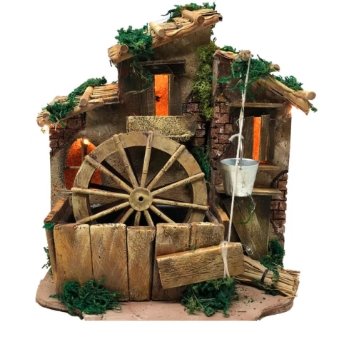 Mulino ad acqua in sughero con luce A23 cm L20 cm P23 cm
