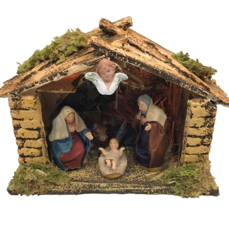 Capanna presepe con luce e natività vestita in stoffa 7 cm